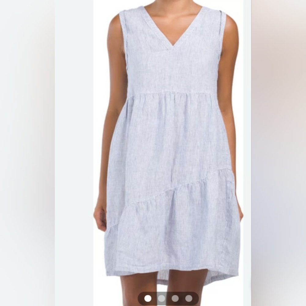 100% Linen Lucky Brand Beachy Nautical Pinstripped Tiered Mini Dress